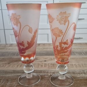 Elegant Floral Etched Glasses: Heavy 10" Tall Poppies Engraved 2-Piece Set.